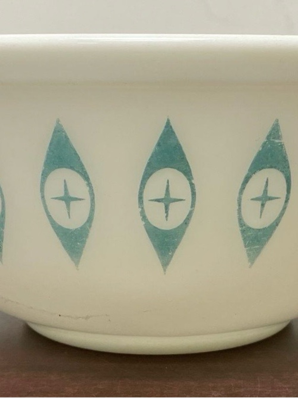 Pyrex Cream and Teal Mid-Century Starburst Ceramic Bowl